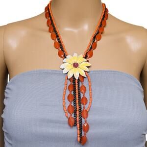 Lucky Brand Y2K Bold Boho Chic Statement Necklace Orange Colorful Flower Power